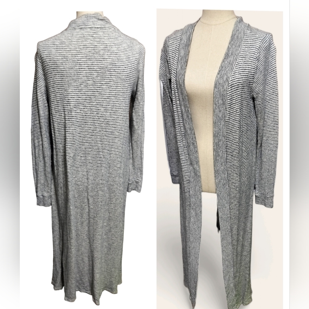 1826) LOFT Long Open Striped Gray Cream Cardigan Sweater Size Medium